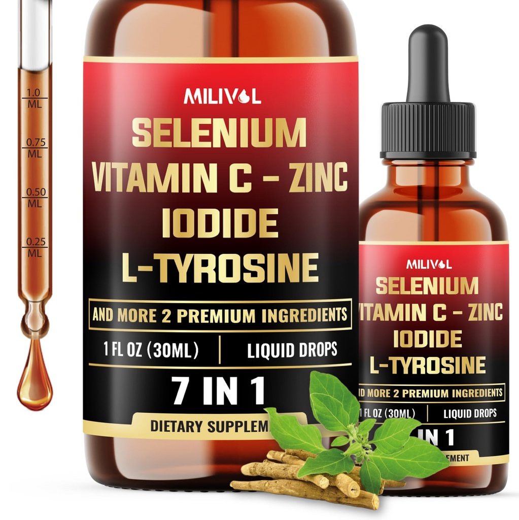 7in1 Selen Flüssigkeit Tropfen - 200mcg Selenmethionin für Männer und Frauen - Reine Schilddrüse Support Supplement - High Absorption Tinktur - für Immune & Energy Support - 1FL Oz - 60 Tage Support
