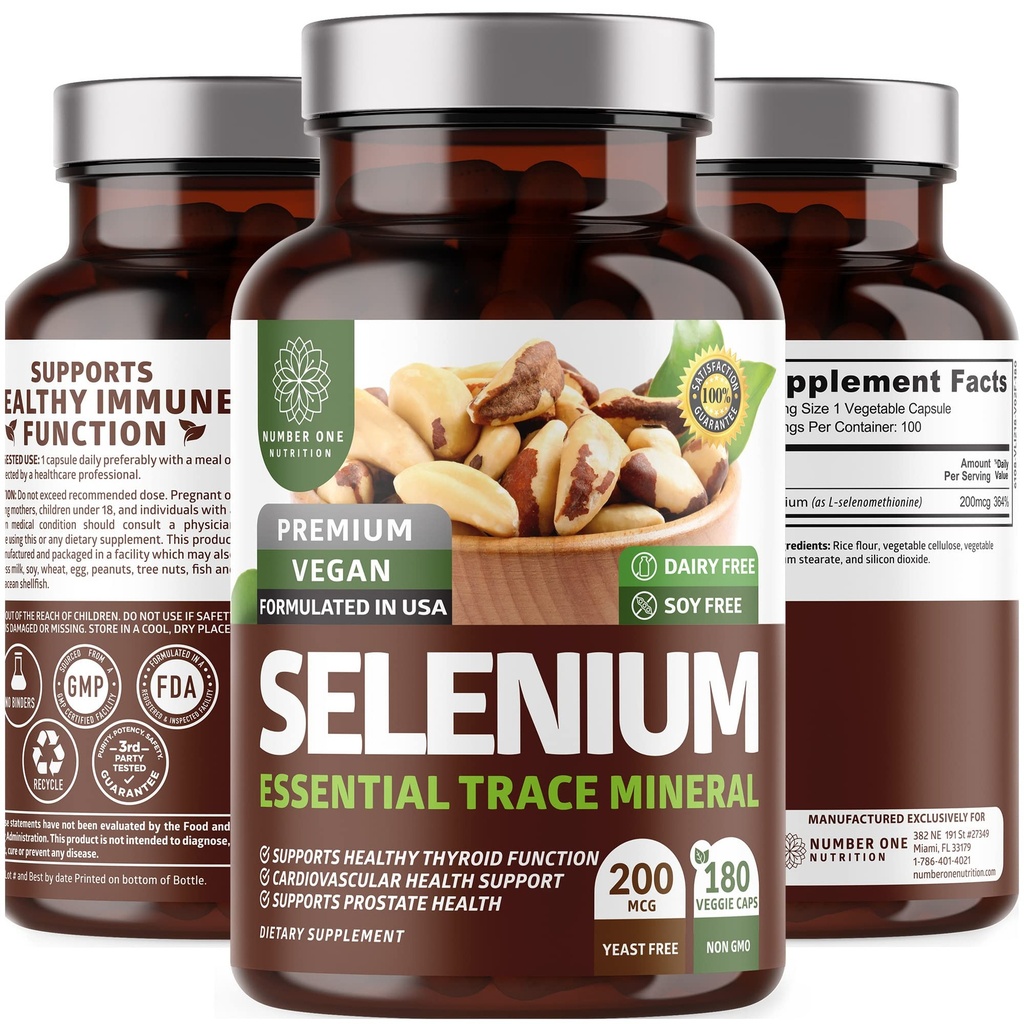 N1N Premium Sélénium pur [200MCG, absorption maximale] Tracé minéral essentiel pour soutenir l'immunité et la fonction de la prostate, 180 bouchons de vésicule