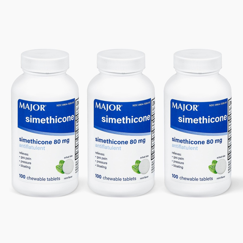 MAJOR Simethicone Gas Relief 80 mg - Anti Flatulence, Blähungen und Gasdruckhilfe - 100 Kautabletten (3 Packung)