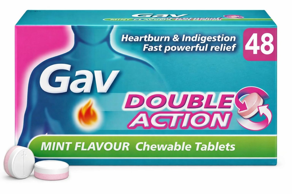 Comprimés à double action à mâcher, aromatisé à la menthe – Soutien au confort digestif et au reflux acide – 48 comprimés