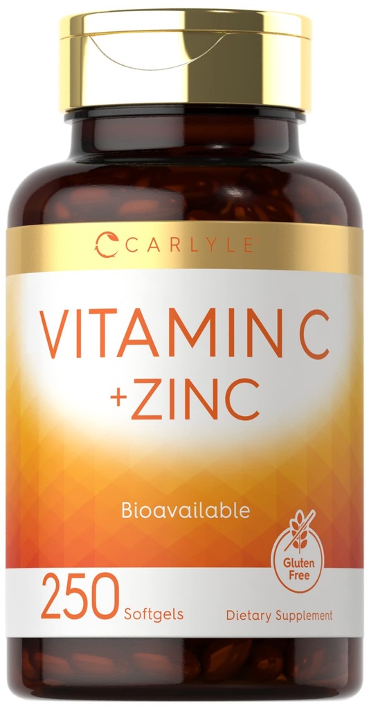 Carlyle Vitamin C con Zinco | 250 Softgels | Biodisponibile | Acido Ascorbico | Zinc Oxide | Non OGM e Gluten Integratore Libero