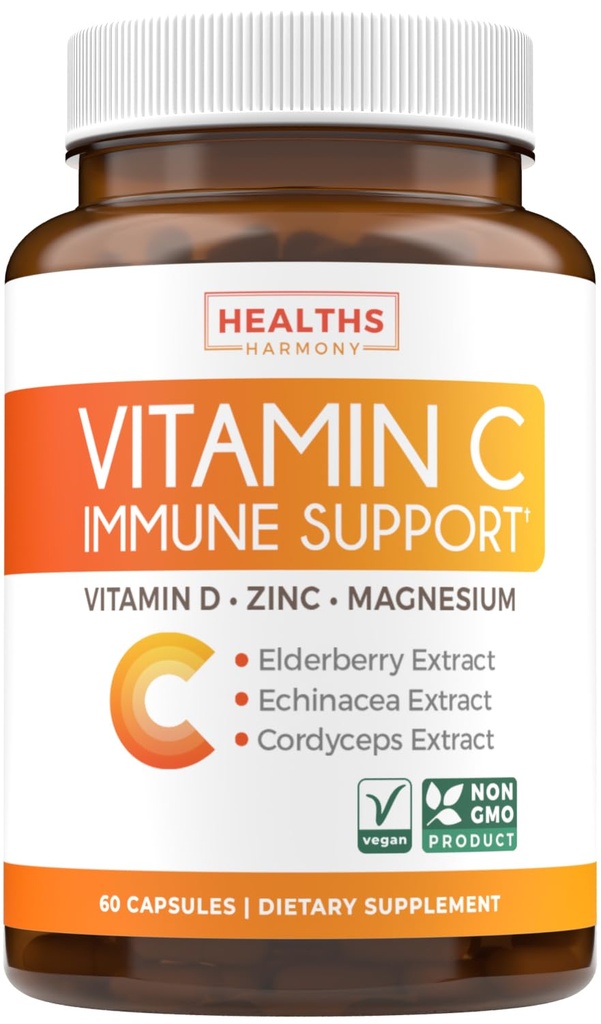 Vitamin C Immune Support Supplement - Immune Boost Blend mit Holunder-Vitamin C und Zink für die tägliche und saisonale Unterstützung - Magnesium Zink C & D und Kräuterabwehrkomplex (1 Monat Versorgung)