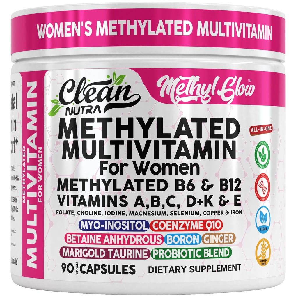 Multivitamines méthylées pour femmes Vitamines B6 Méthyl B12 A B C D K E Folate Choline Omega 3 Thiamine Riboflavine Iodine de fer Magnésium Zinc Sélénium Cuivre Calcium 90 Capsules par Nutra propre