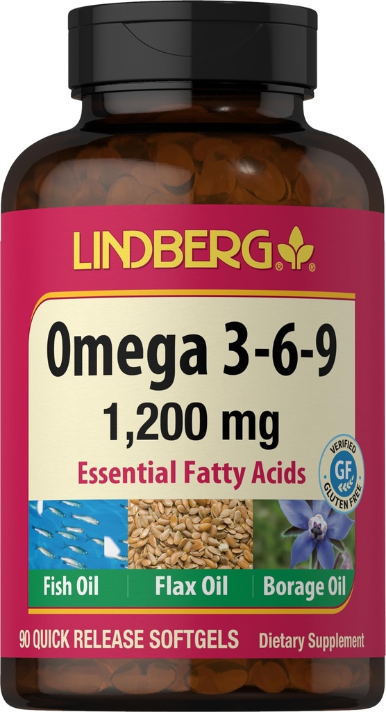 Lindberg Omega 3 6 9 Ergänzungen | 1200mg | 90 Softgels | Essential Fatty Acids | mit Fisch, Flax und Borage Oil | Non-GMO, Glutenfrei