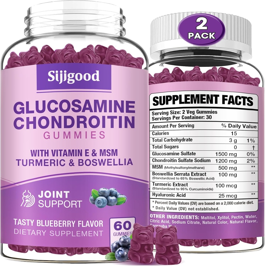 2 Confezione Glucosamina Chondroitin Gummies, Glucosamina Extra Forza Condroitina MSM con Elderberry & Turmeric, Salute Congiunta, Flessibilità, Antiossidante, Immune per Adulti-Blueberry Aromaed, 120 Gummies