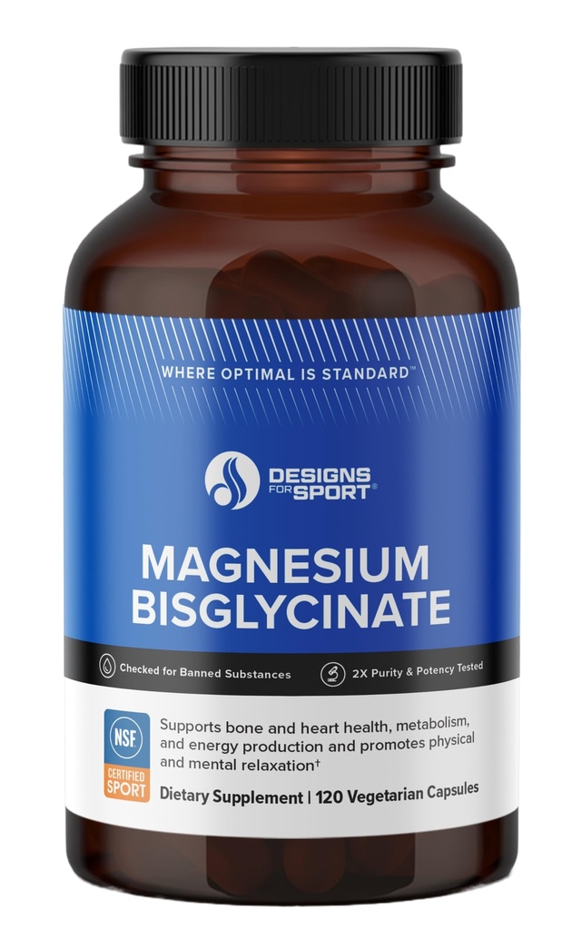 Designs for Sport Magnésium Glycinate - Supplément Magnésium pour soutenir l'ATP Énergie, la récupération musculaire, la santé osseuse et cardiaque - NSF certifié pour le sport (120 capsules)