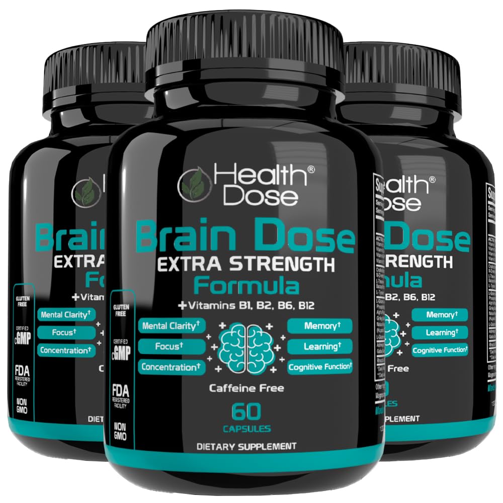 Salute Dose Brain Dose Premium Nootropics - Caffeina-Free Extra Strength Formula per gli uomini e le donne - Supporta la salute del cervello, la concentrazione cognitiva e la ritenzione della memoria, pacchetto di 3.