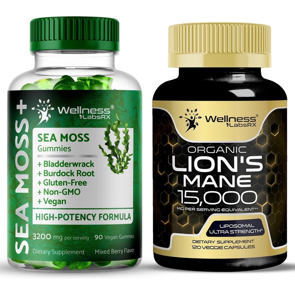 WELLNESS LABSRX Lions Mane Supplement Kapseln - Sea Moss Gummies 3200mg | Bundle