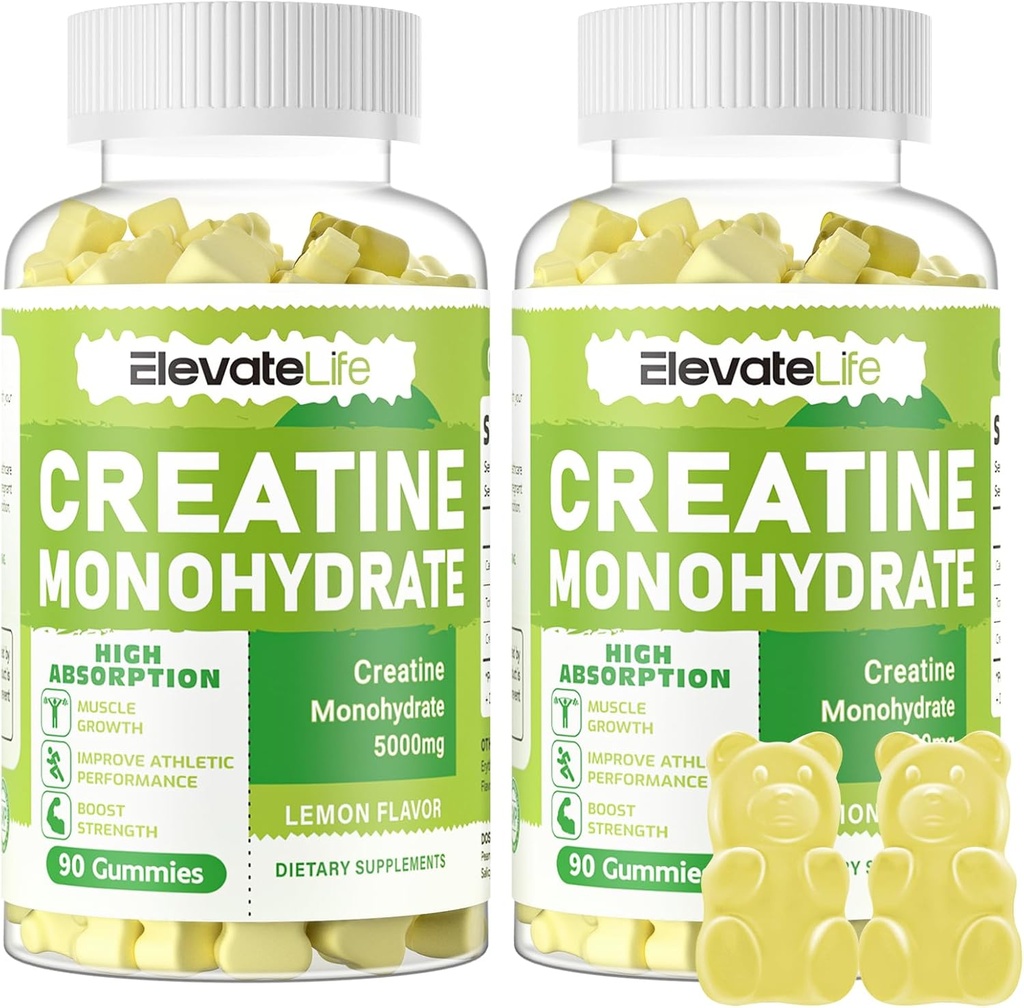 ElevateLife Creatine Monohydrate Gummies 5g für Herren Frauen - Zuckerfreie Kaubare Beilage. 180 Gummis Zitrone