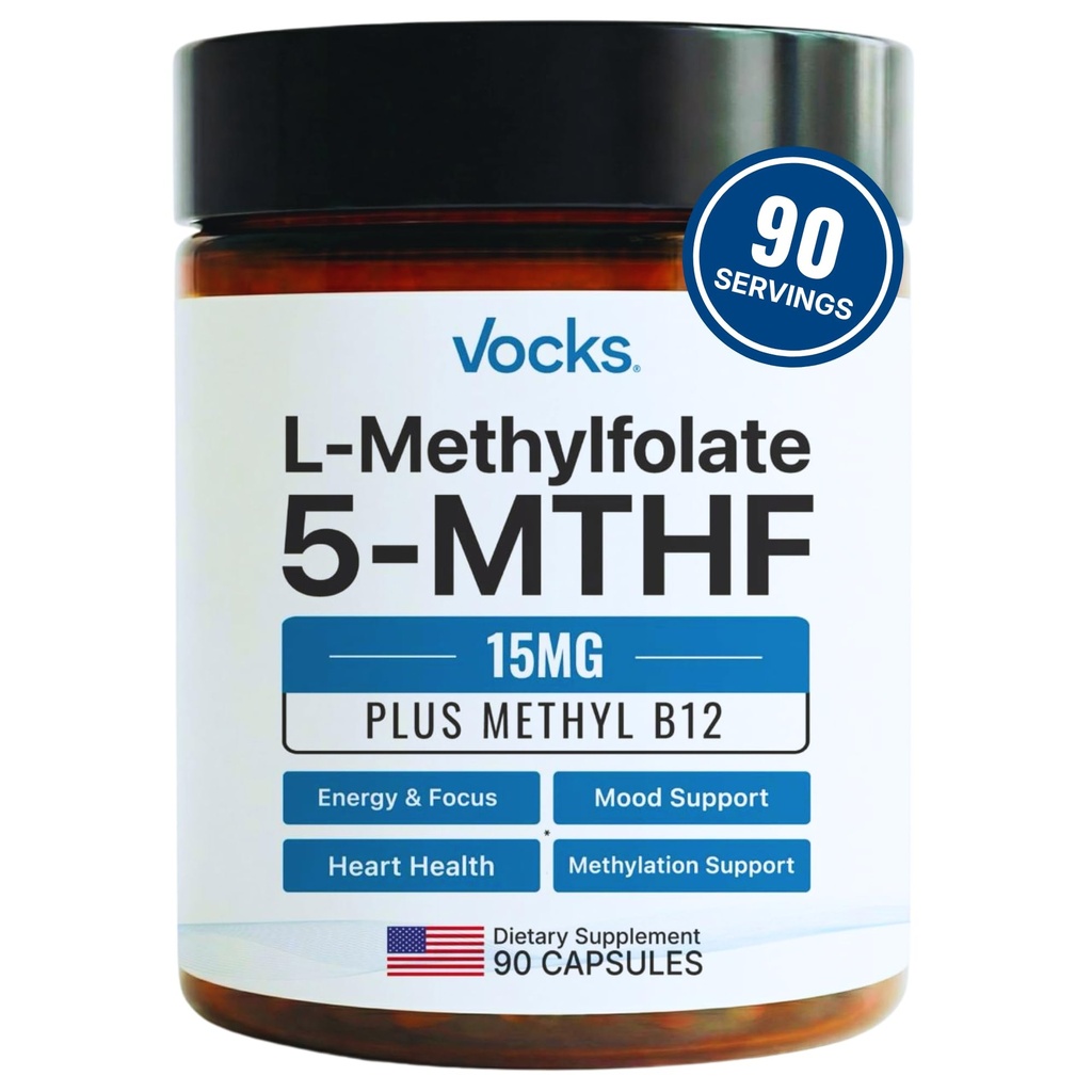 Vocks L Methylfolate 15mg 5-MTHF + Methyl B12.00 Supplément de Methylfolate de haute puissance.