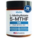 Vocken L Methylfolat 15mg 5-MTHF + Methyl B12 | High Potency Methylfolat Supplement | Aktives methyliertes Folat Vitamin B9 | MTHFR Supplement | Folat Supplement für Frauen und Männer | 90 Kapseln