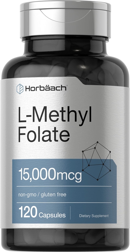 Horbäach L Methylfolat 15000 mcg | 120 Kapseln | 15mg Methylfolat | 5-MTHF | Nicht-GVO, glutenfreie Ergänzung