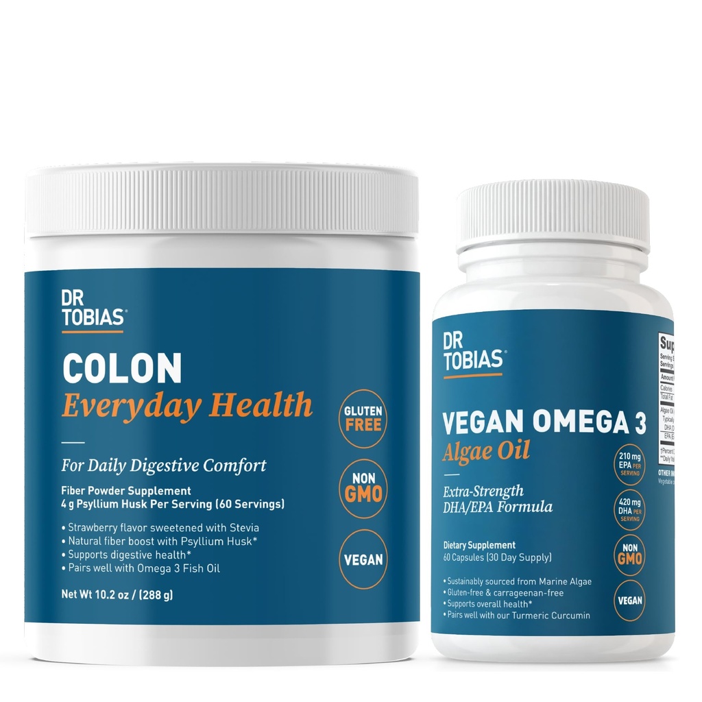 Dr. Tobias Colon Everyday Health & Vegan Omega-3-Algenöl - Verdauungsgesundheit und tägliche Gesundheitsunterstützung mit Psyllium Husk und DHA EPA Omega 3s, Vegan, Nicht-GVO