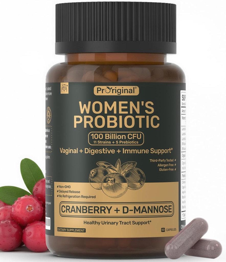 Probiotici per le donne - 100 miliardi di CFU, 11 Strains con prebiotici organici, estratto di mirtillo, D-Mannose - Probiotico femminile per Digestivo, Vaginale, Salute urinaria & pH Balance - Non OGM, 60 capsule