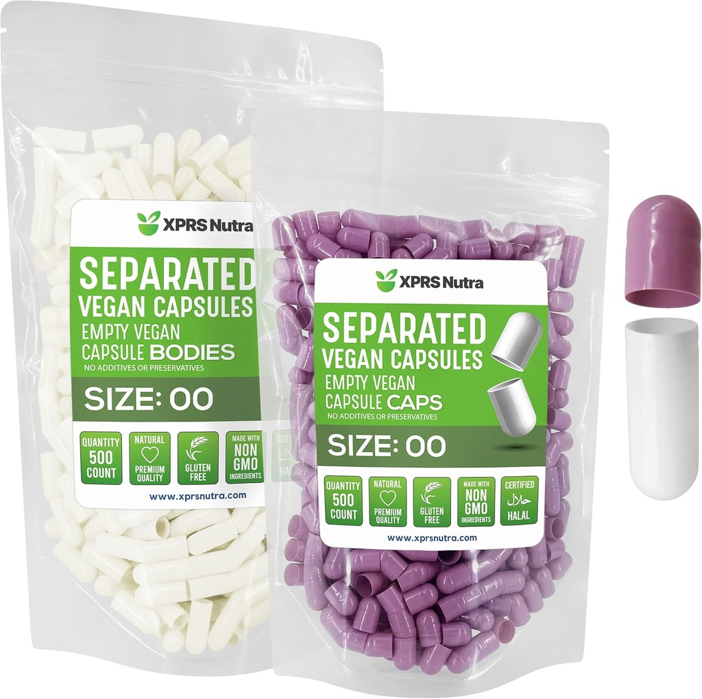 XPRS Nutra Vegan Größe 00 Getrennte Kapseln - 500 Count Premium Leere Kapseln Getrennt in Taschen - 00 Pillen Leer für DIY Ergänzung Füllung (Lavender/White)