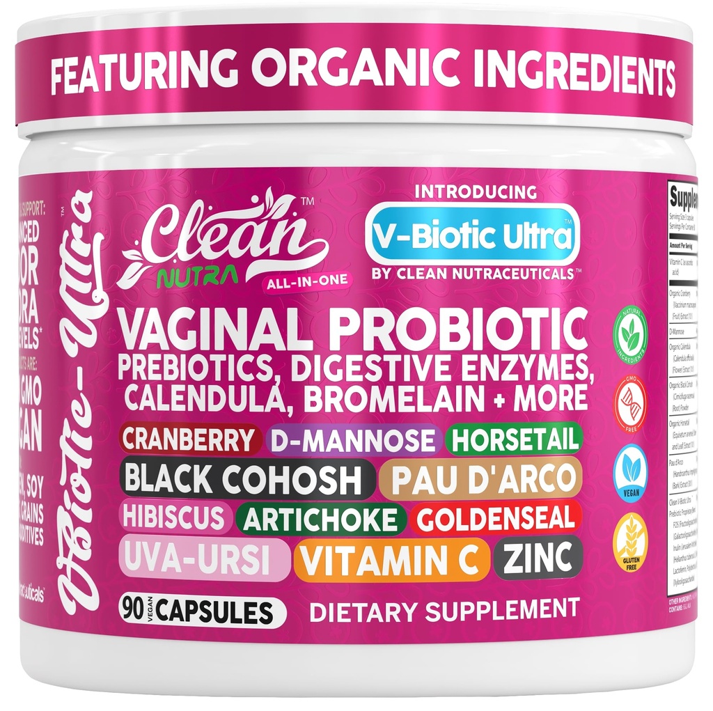 Propre Nutra Vaginal Probiotiques pour les femmes + Prébiotiques Enzymes digestifs Bromélain Cranberry D Mannose Cavalier noir Cohosh Artichoke Hibiscus Fleurs Probiotique pour la santé digestive 90 Capsules végétaliennes