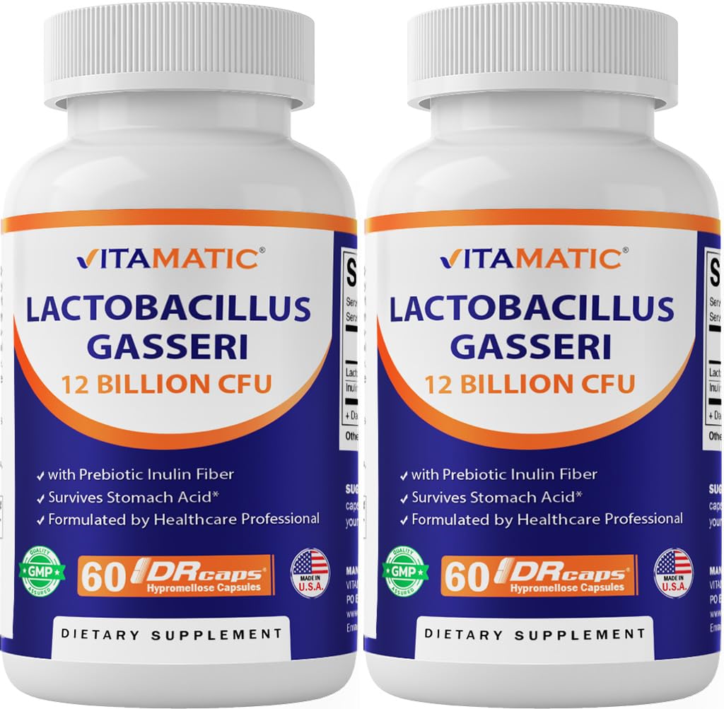 Vitamatic Lactobacillus Gasseri - 12 milliards par DR Capsule - 60 Compte - Soutien digestif - Fabriqué avec la fibre d'inuline prébiotique- 2 Pack