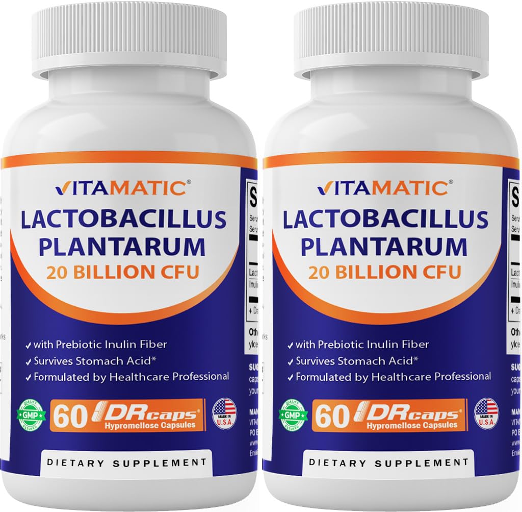 Vitamatic Lactobacillus Plantarum - 20 Milliarden pro DR-Kapsel - 60 Count - Verdauungsunterstützung - Hergestellt mit präbiotischem Inulin Fiber-2-Pack