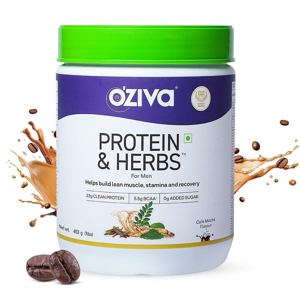 OZiva Protein & Herbs for Men, No Added Sugar, Green Tea, Cafe Mocha, 453g