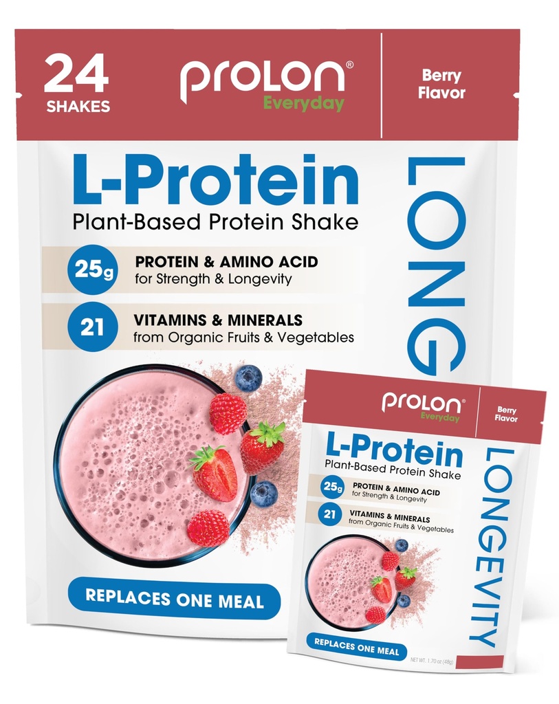 Prolon Longevity Plant Based Protein Powder | Sintesi & riparazione del muscolo, invecchiamento sano, aumentare le prestazioni | vitamine, senza glutine, aminoacidi, antiossidanti | 25g di proteine | Berry, 24 pacchetti