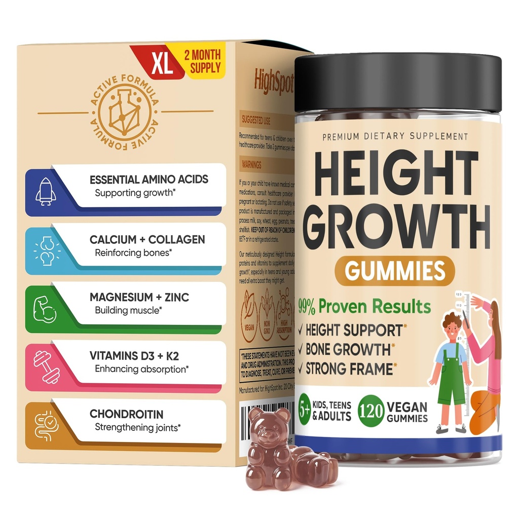 Crescita dell'altezza Aumentare la vitamina Gummies, Calcio 100mg, Magnesio Glycinate 30mg, Zinco, Ashwagandha, Vitamina K2 D3 25mg Crescere Tall Maximizer Supplemento, Multivitaminico per i bambini, Adolescenti Ragazza e Ragazza, Adulti