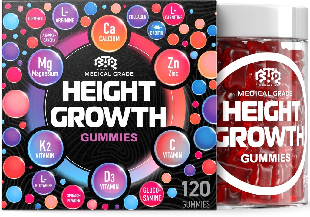 Crescita dell'altezza di BIOTEQUELAB Aumenta le vitamine di Gummies, Aumenta il Tall Supplemento, Calcio, Magnesio, Zinco, Ashwagandha, Glucosamina Multivitamina per adolescenti, Bambini, 120 Gummies