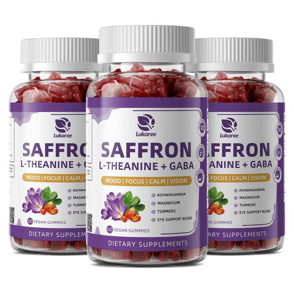 10-in-1 Safran-Gummi ergänzt mit L-Theanin 200mg, GABA, Ashwagandha, Kurkuma, Lutein, Zeaxanthin & Astaxanthin für Stimmung, Fokus & Auge Unterstützung Zuckerfrei, Vegan, Berry Flavor, 3 Packung