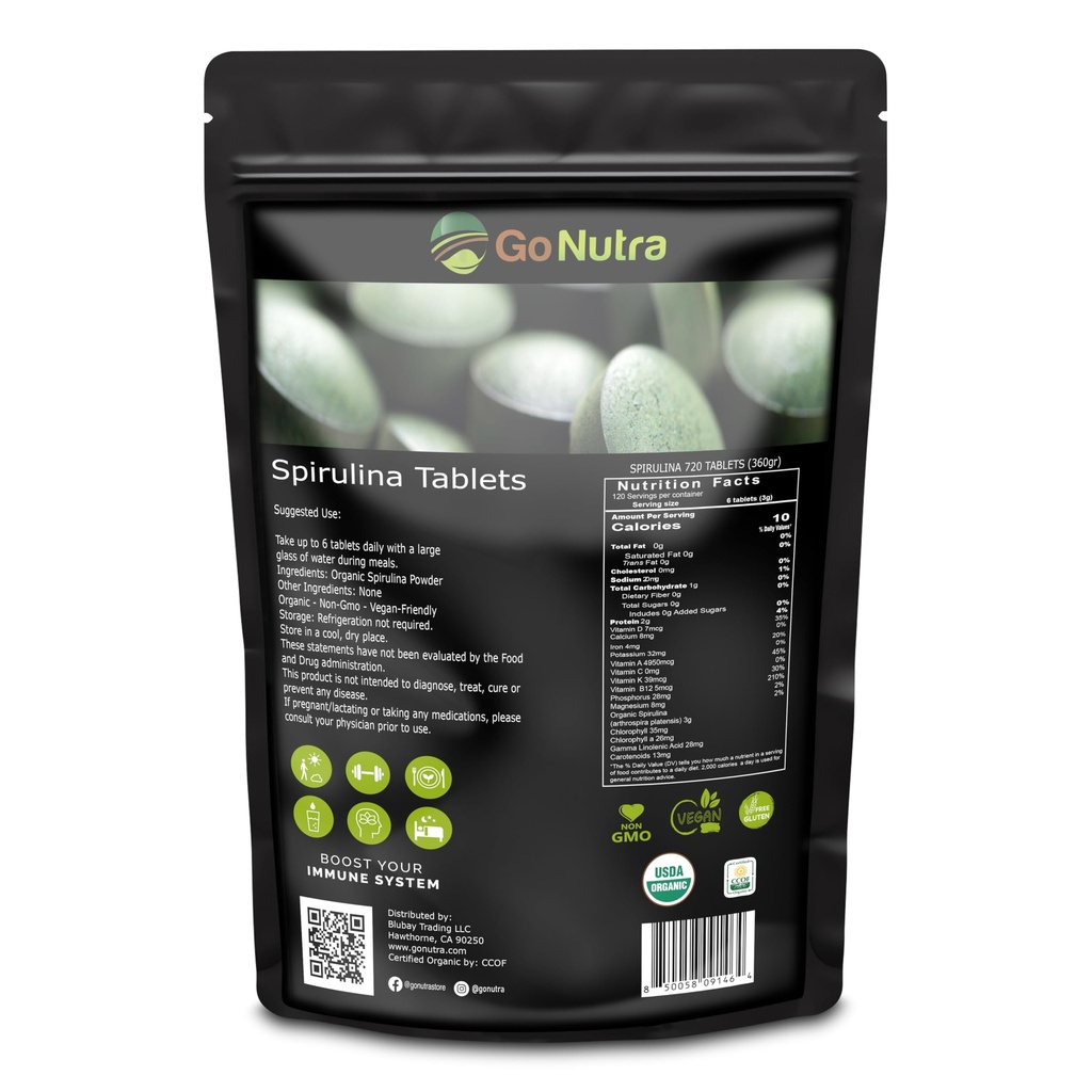 Go Nutra Organic Spirulina Tabletten | Nährstoffdichte organische Spirulina Superfood | Protein, Vitamine, Mineralien, Fasern, Aminosäuren | Keine Füllstoffe, Nicht-GVO, Vegan | 500 mg, 720 ct, 4 Monate Versorgung