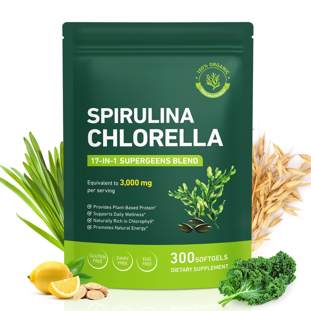 Spirulina Chlorella Kapseln 3100mg - Vegan Green Superfood, 50/50 Algen Blend für Immununterstützung und Energie - Reich an Protein, Chlorophyll, Vitamine & Mineralien, 300 Kapseln