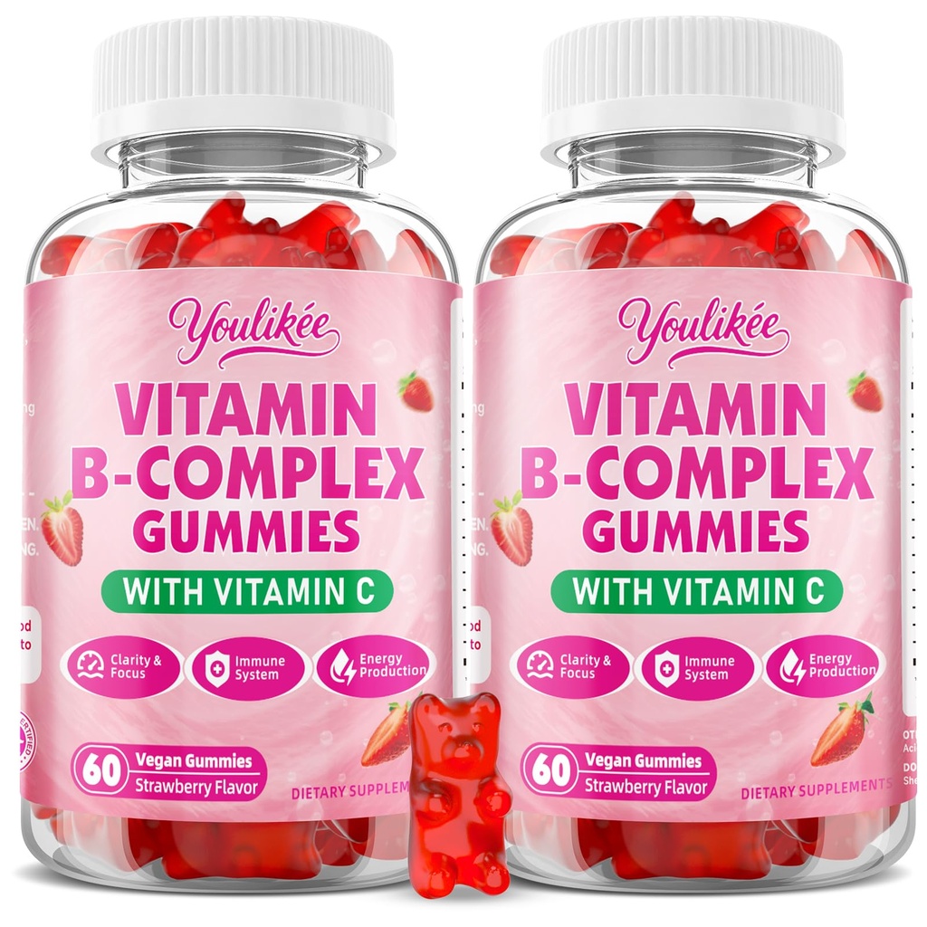 2 paquets de vitamines B-Complex Gummies pour les femmes et les hommes, méthyl B12, B1, B2, B3, B5, B6, B7 et B9 - Complexe de vitamine B avec vitamine C soutient l'énergie et la fonction immunitaire, parfum de fraise, 120 comte