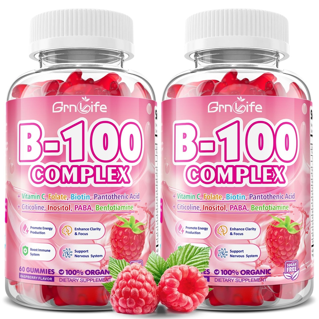 2 Confezione Vitamina B Complesso Gummies, Tutte B Vitamine + Methyl B12, B1, B2, B3, B5, B6, Biotin, Methylfolate, Vitamina C, Choline, Inositol, PABA per l'energia e il supporto immunitario, Raspberry, 120 Conte