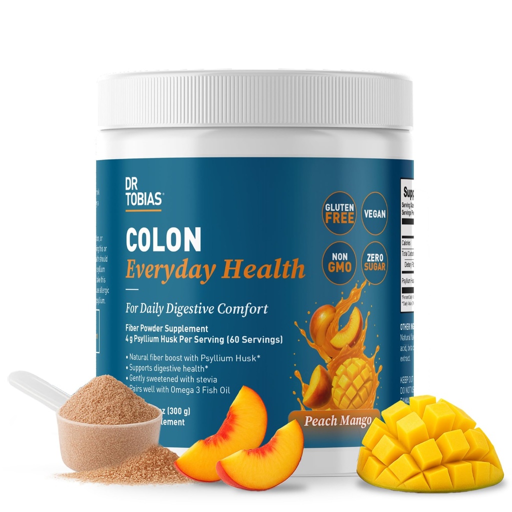 Dr. Tobias Colon Everyday Health - Gut Health for Women & Men - Psyllium Fiber Powder Drink mit 4g Psyllium Husk Pulver pro Portion, Vegan, glutenfrei, Non-GMO, Peach Mango, 60 Portionen