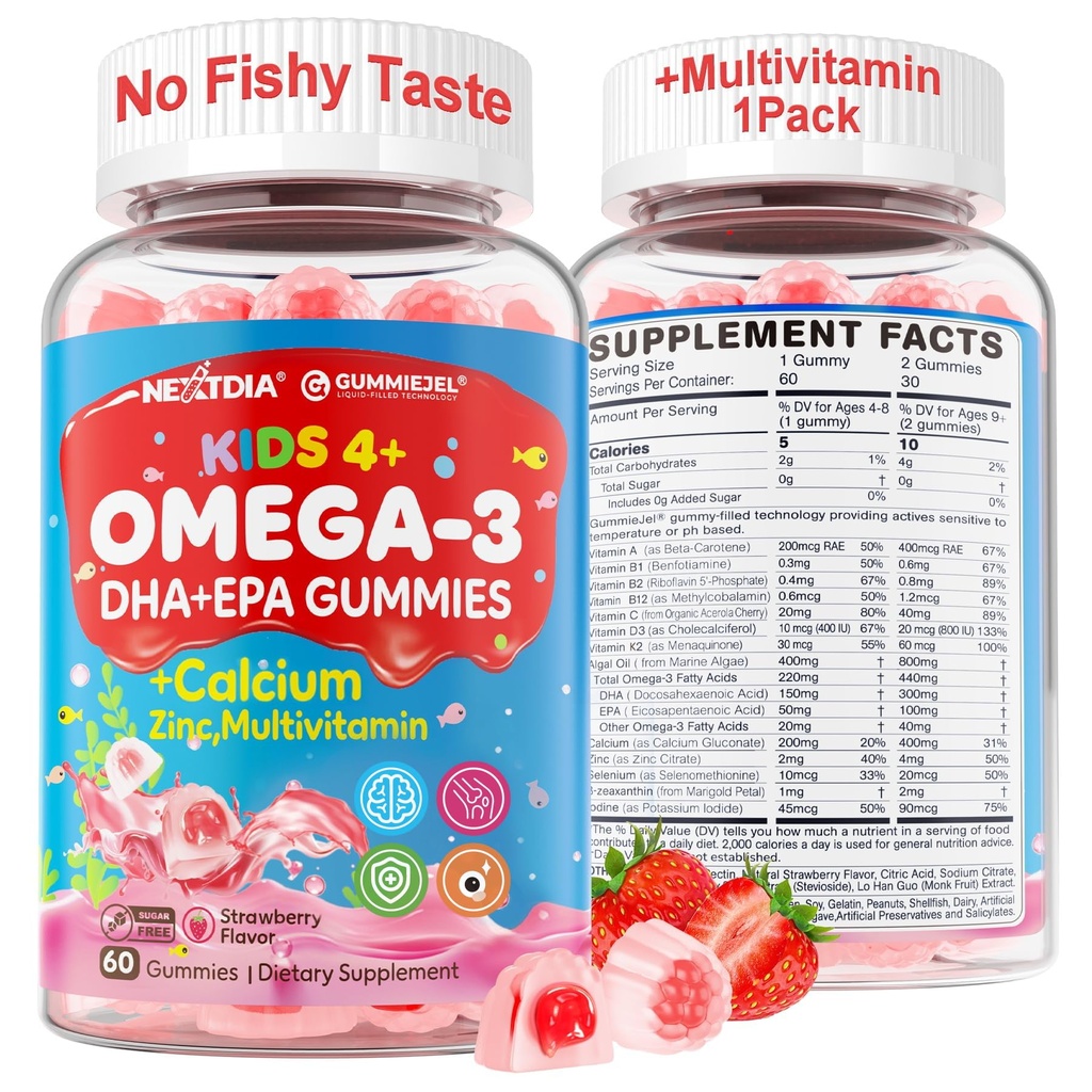 Nextdia Omega 3 (EPA/DHA) Gummie riempite per bambini adolescenti con multivitaminico, calcio + D3 + K2 + zinco, Plus Vitamina A B1 B2 B12 C, selenio, iodio per cervello, occhio, ossa, energia, nessun gusto di pesce, senza zucchero