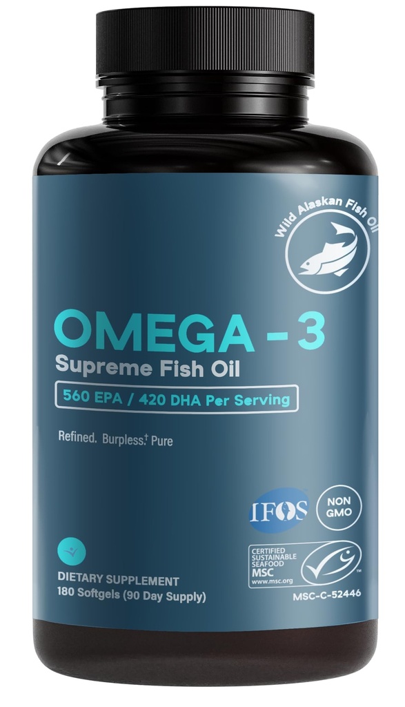 Omega-3 Supreme 1400 mg Wild Alaskan Fish Oil | Enteric Coated, Burpless | MSC Certified High EPA DHA, Assorbimento migliorato & Heavy Metal Tested (3 Mo Supply,180 Softgels)