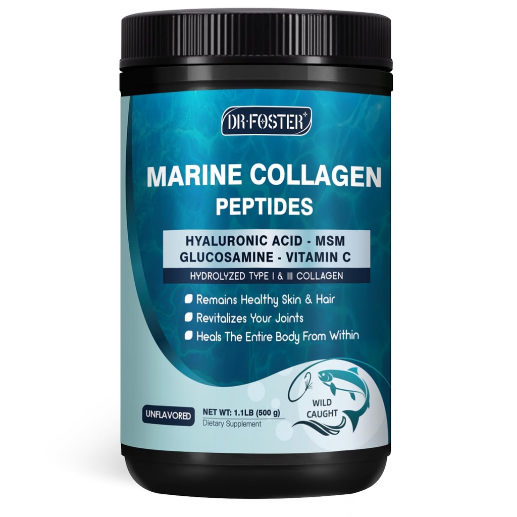 DRFOSTER Marine Collagen Peptides Pulver mit MSM + GC, Multi Typ I & III Collagen mit Hyaluronsäure, Vitamin C & E für Haut, Haare & Nägel, Wild gefangen Fisch, 50 Portionen