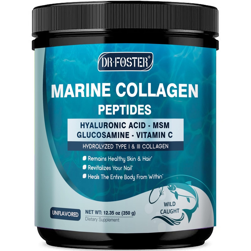 Peptidi di collagene marino DRFOSTER polvere per il supporto misto, idrolizzato Tipo I & III Collage di pesce con MSM + GC, acido ialuronico & vitamina C per pelle, capelli & unghie, pesce selvatico, 35 Serve