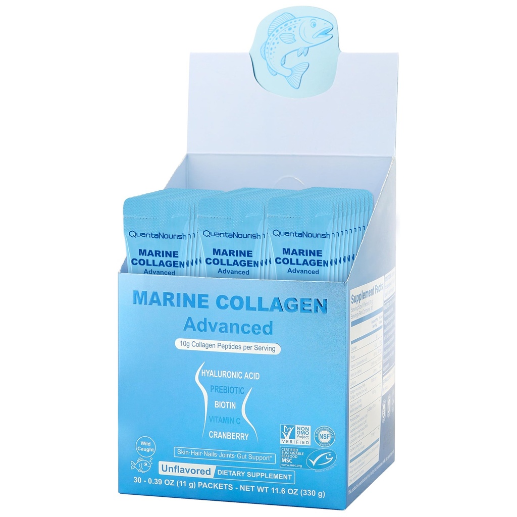 Peptidi di collagene marino, Peptidi di collagene non-OGM non verificati con vitamina C, acido ialuronico e biotina, pacchetti di viaggio non aromatizzati MSC, 11g , 30 singole confezioni