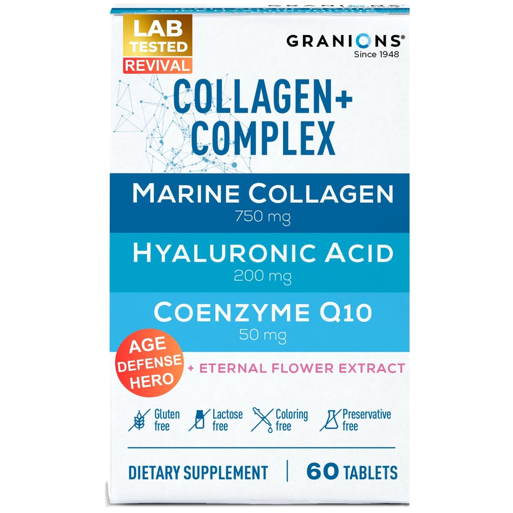 Complexe des pilules de collagène marin – Supplément à l'acide hyaluronique de 200 mg, Coenzyme Q10 CoQ10, Peptides de collagène marin hydrolysé, hydratation éternelle des fleurs, Suppléments de défense de l'âge - 60 comprimés scellés