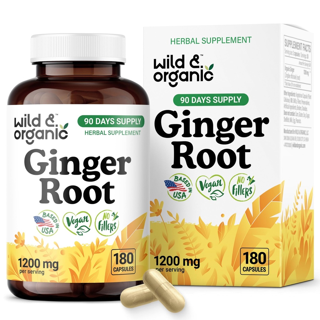 Wild & Organic Ginger Root Capsules 1200 mg - Immune & Digestive Support - Ginger Root Supplement - Zingiber Officinale Powder - 90 Days of Supply - Vegan, No Fillers, Non-GMO - 180 Count
