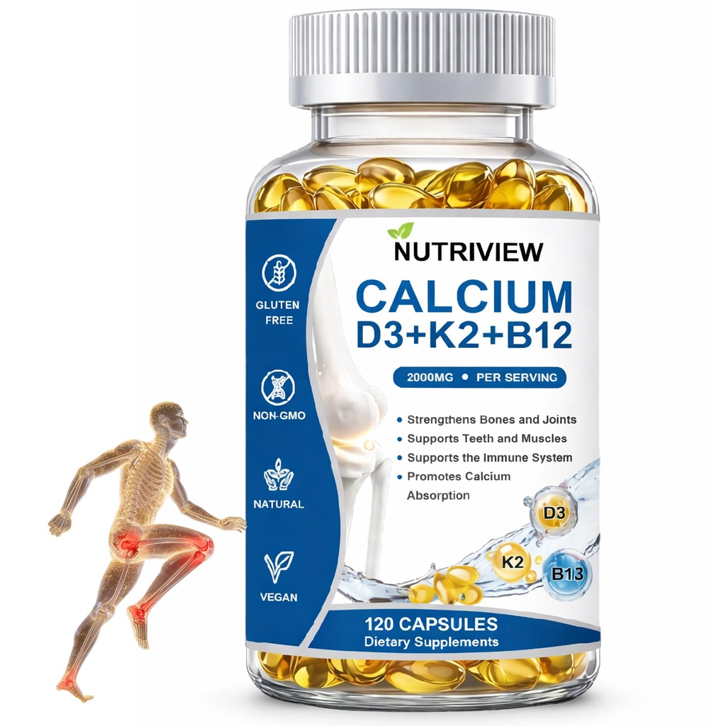 Nutriview 2000mg D3 K2 B12 Softgels Calcium, Suplemento de Calcio, Rinforza le ossa e i denti, Boost Energy, Non-OGM, 120 Softgels