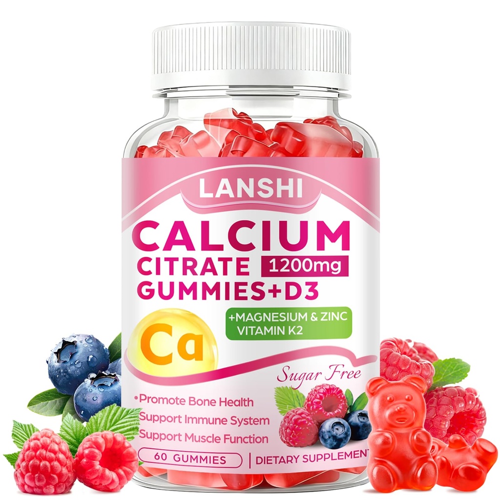 Citrate de calcium Gummies 1200mg avec suppléments de vitamine D3 et K2 pour les femmes et les hommes, haute absorption Gummies de calcium Plus Magnésium, zinc pour les os forts et le soutien immunitaire