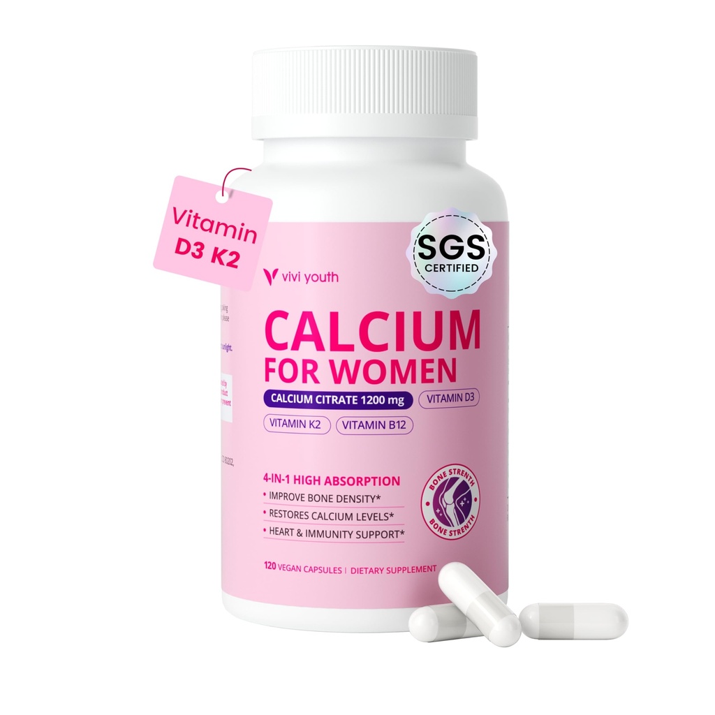 Integratori di calcio per le donne - 4-In-1 Citrato di calcio 1200 mg con vitamina D3 K2, B12 - Citrato di calcio ad alto assorbimento & Carbonato per la densità e la resistenza di chino, non OGM, 120 capsule vegane