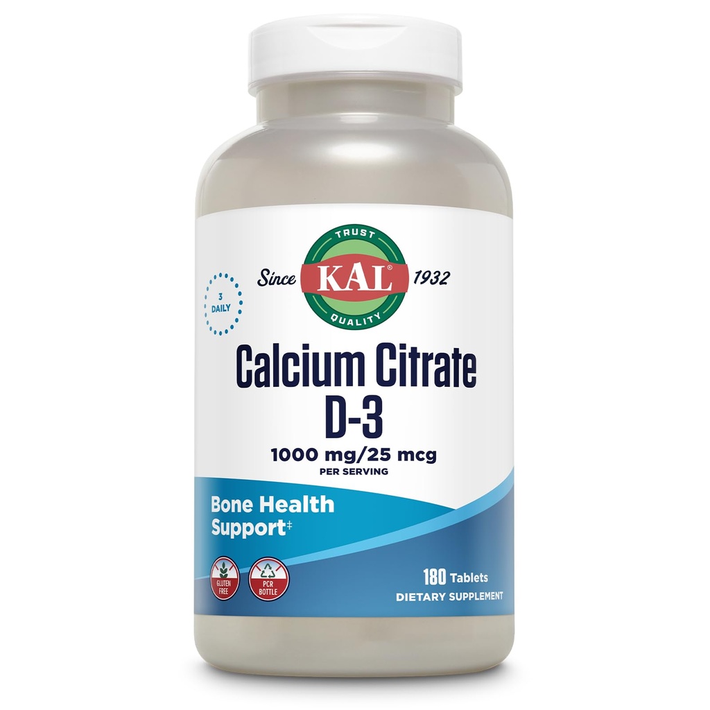 KAL Calcium Citrate Supplement with Vitamin D3 - 1000 IU Vitamin D3, Healthy Bone & Muscle Function Support for Men and Women, Quick Dissolving Tablets - 180 Count Tablets