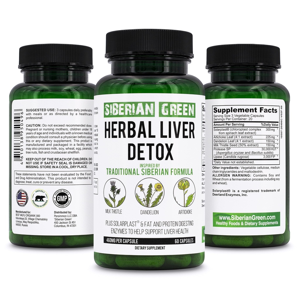 Détox du foie vert de Sibérie avec le chardon de lait Artichaut Dandelion 60 Capsules – Formule Sibérie traditionnelle Plus enzymes pour soutenir la santé du foie