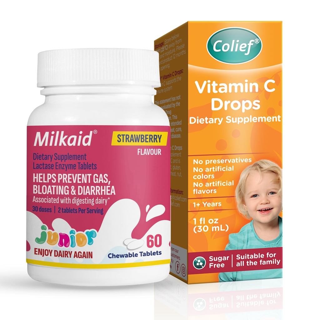 Milkaid Junior Lactase Enzyme Tablets Fragola 60 Masticabili + Colief Vitamin C Drops 30ml – Supporto Digestivo per bambini & Immune Health Bundle (Ages 1+)