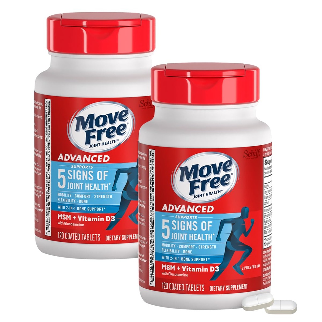 Move Free Advanced Glucosamine Chondroitin MSM + Vitamin D3 Joint Support Supplement, Supporta la mobilità, Comfort, Forza, Flessibilità & Bone + Salute Immune, 120 Tablets/40 Servings (2 Pack)