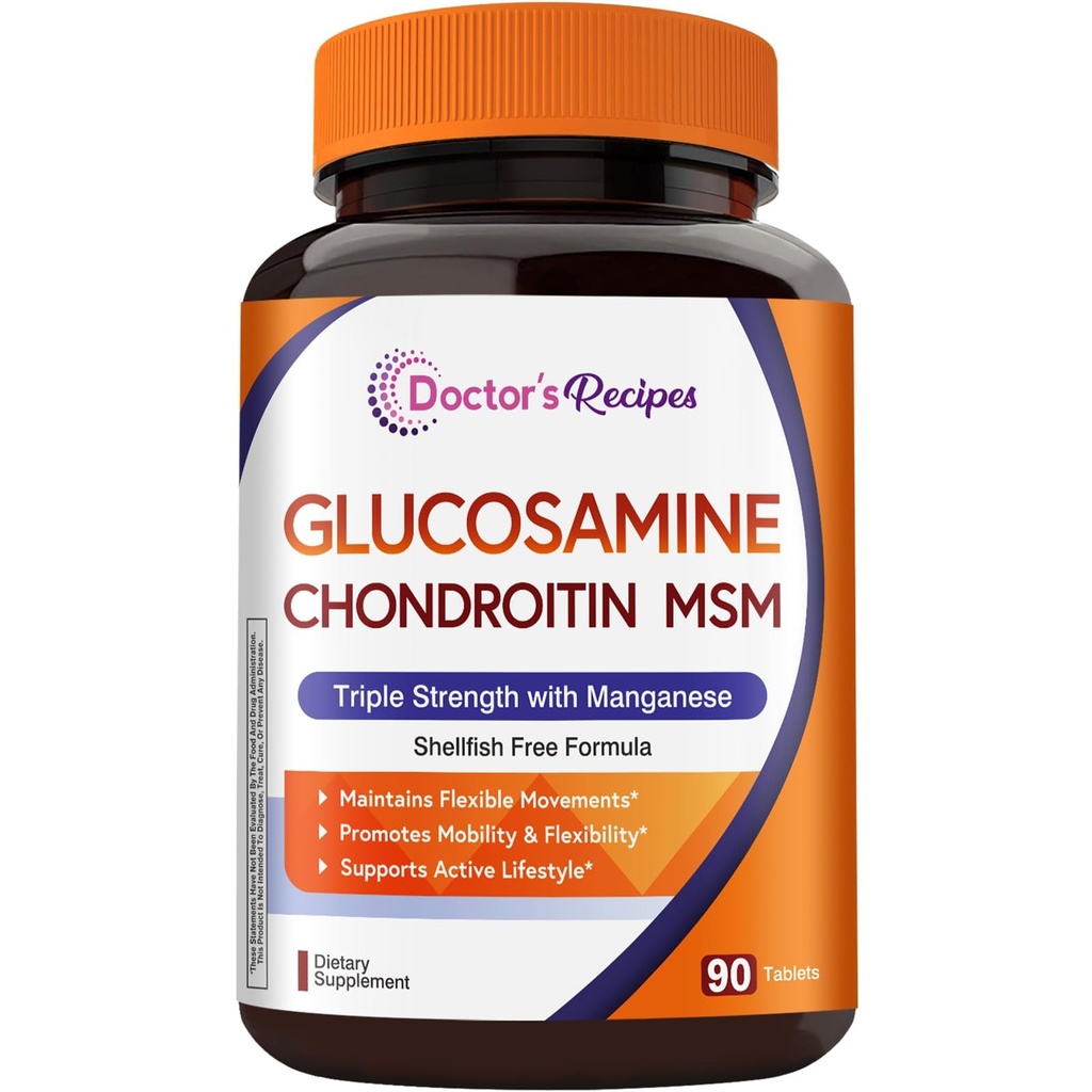 Ricette del medico Glucosamina Condroitin MSM e Integratore Manganese, 1800 mg Glucosamina HCl, NO Shellfish, Struttura sana e movimenti, Supporto per la flessibilità per gli uomini e le donne, 90 compresse