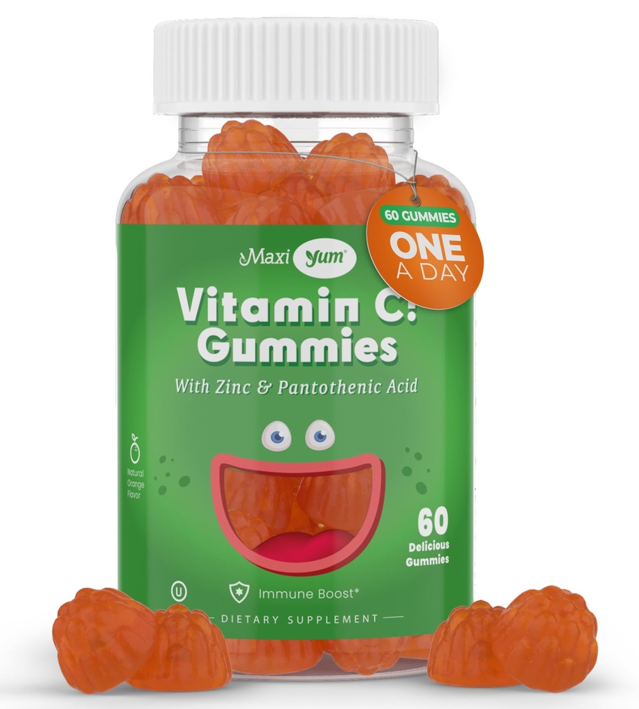 Maxi-Health Vitamin C Gummies con Zinco - Vitamina C Maxi-Health con Zinco per Bambini e Adulti - Supporto respiratorio e Booster immunitario - No Preservatives and Artificial Flavors - 60 Gummies a forma di frutta