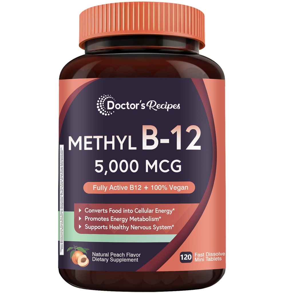 Vitamina B12 Sublingual, Methylcobalamin 5000 mcg 120 compresse dissolve veloci, Natural Peach Flavor, Vegan Methyl, Energy Metabolism & Nervous System