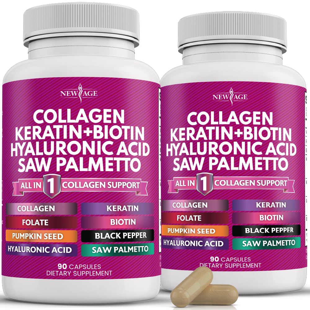 NEW AGE Collagen Pillen Biotin Keratin Saw Palmetto Hyaluronsäure - Vitamin E Folsäure Kürbiskern MSM - 90 Count (Paket von 2)
